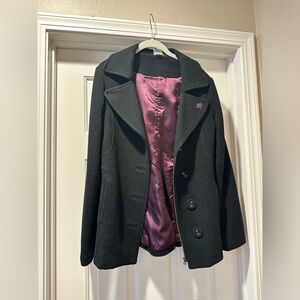 Women's Lost Brand Black Peacoat with Purple Lining